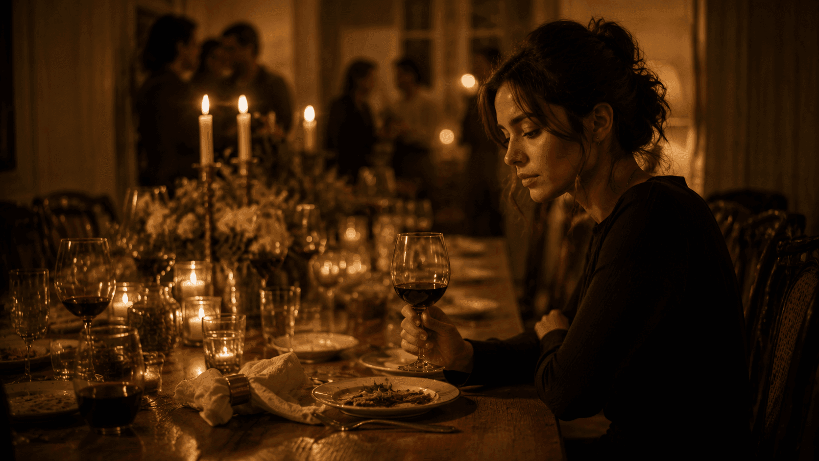 A woman sitting alone in a dimly lit room after the warmth of a social gathering has faded, representing the emotional shift of a Leo man going cold