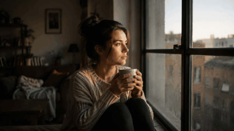 A woman sitting alone by a window looking thoughtful, wondering why her Leo man is pulling away