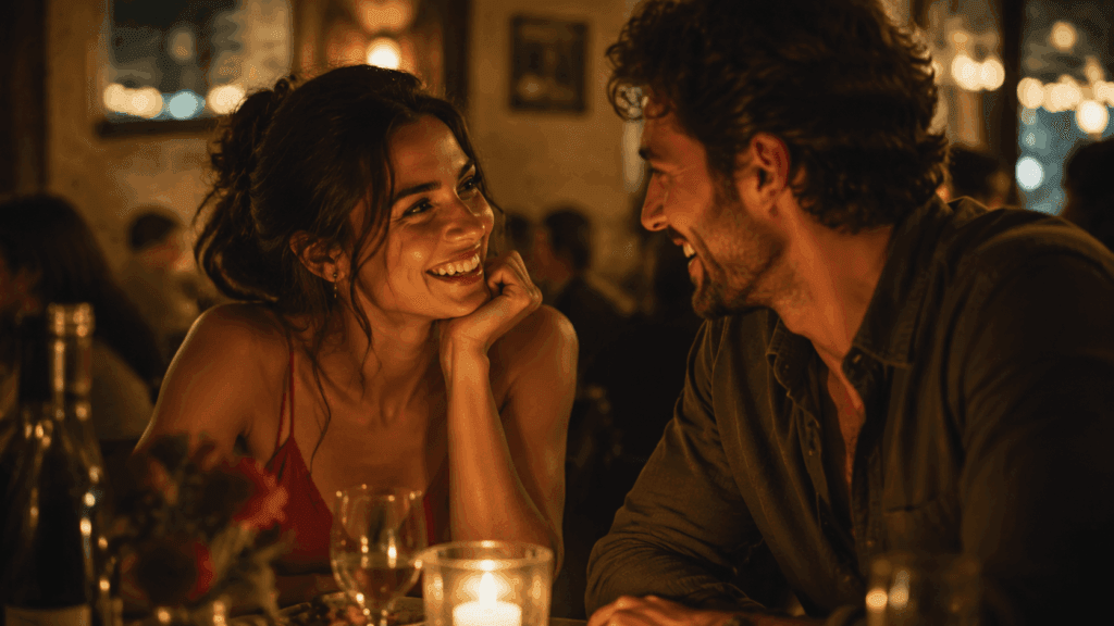 A couple laughing together in warm golden light, representing the return of a Leo man's warmth and full presence