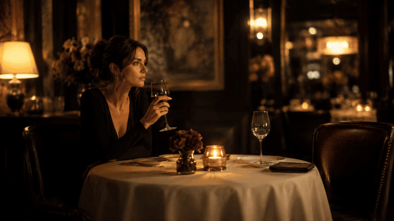 A woman sitting alone at a candlelit dinner table with an empty chair across from her, representing the confusion of a Libra man pulling away