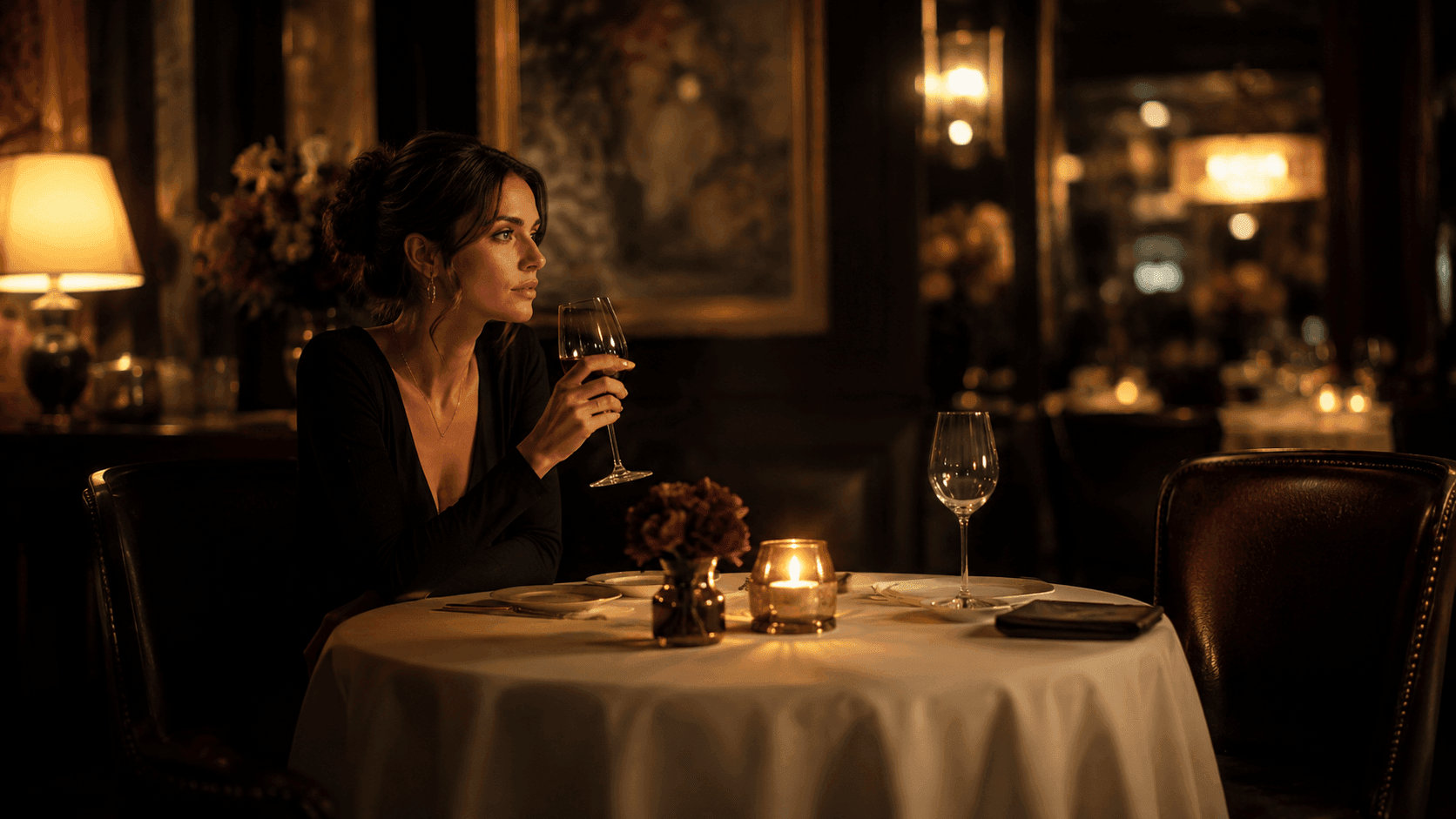 A woman sitting alone at a candlelit dinner table with an empty chair across from her, representing the confusion of a Libra man pulling away