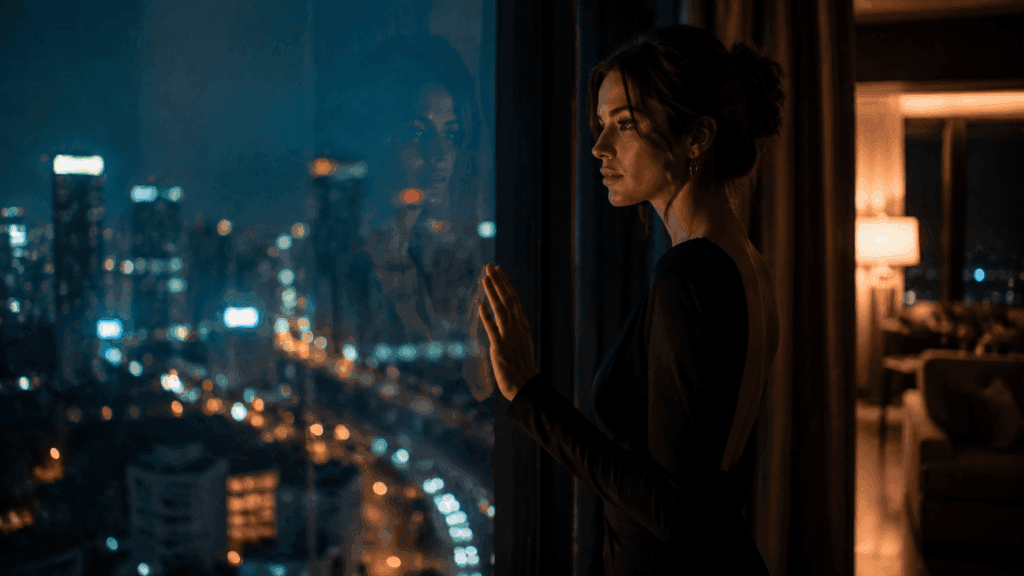 A woman standing by a window at night looking outside with a thoughtful expression, reflecting on mixed signals from a Libra man