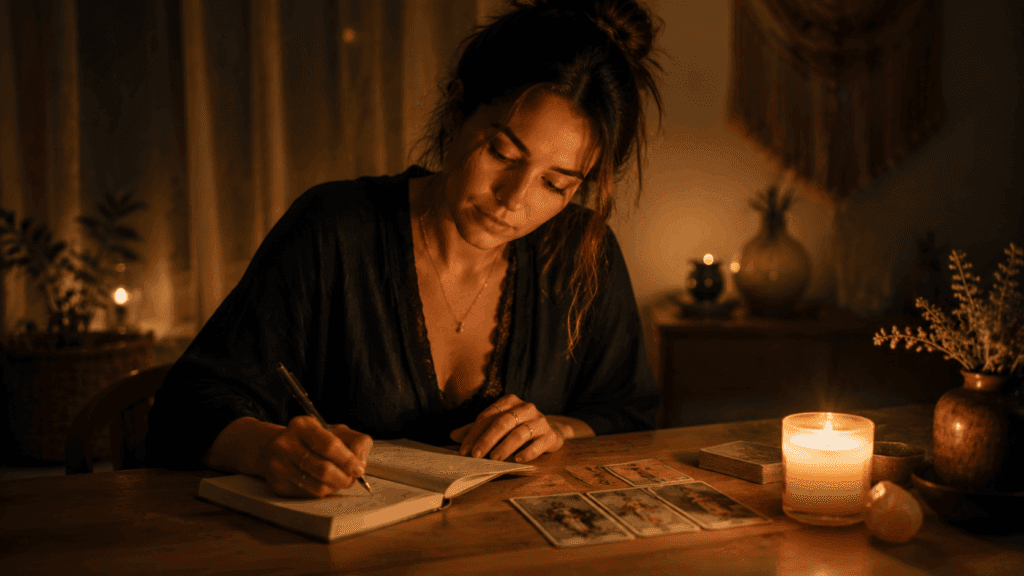 A woman journaling at a desk with tarot cards and soft candlelight, seeking clarity about her relationship