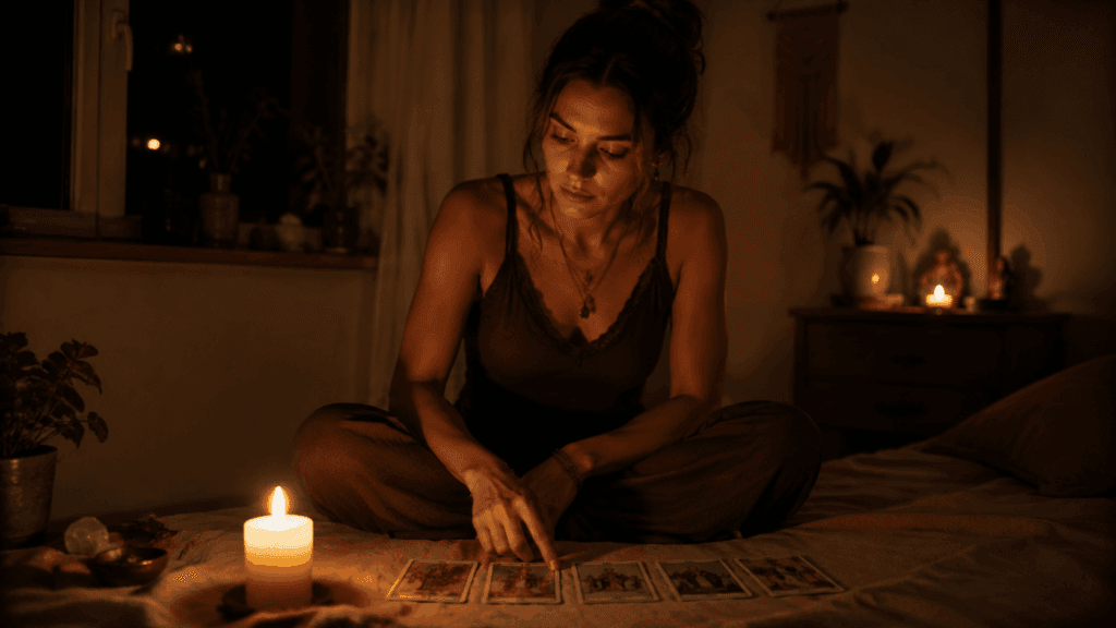 A woman with tarot cards and candlelight seeking clarity about her relationship
