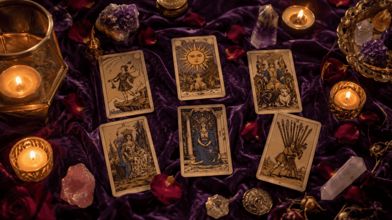 A tarot reader laying out love tarot cards on purple velvet with rose petals and candlelight