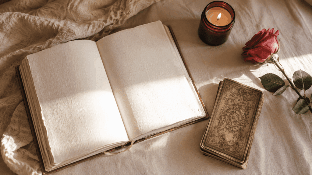 An open journal with love tarot spreads notes beside a deck of cards and a candle 