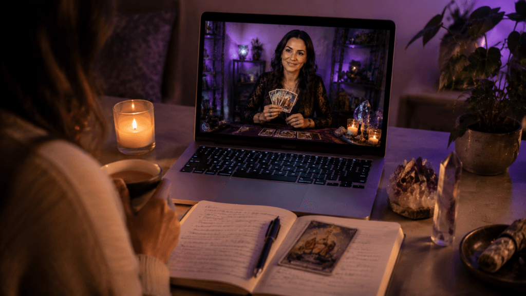 Online psychic reading session on laptop — accurate remote tarot reading from home in 2026
