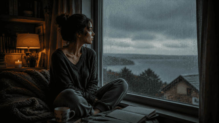 A woman sitting by a window on a rainy day looking out with a soft, contemplative expression, representing the emotional uncertainty of a Pisces man's hot and cold behavior