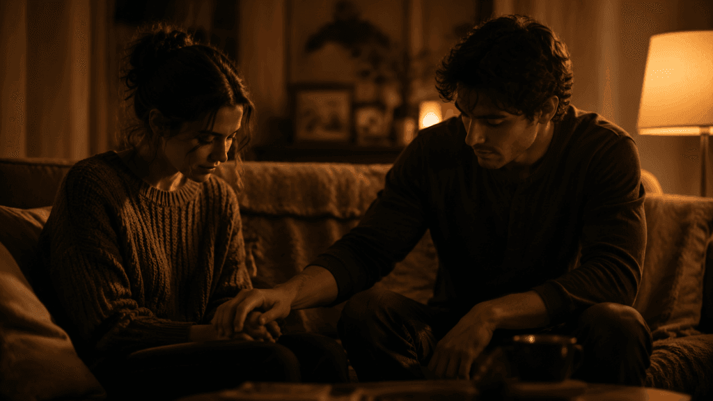 A couple reconnecting after distance, one reaching toward the other, symbolizing the return of a Pisces man after emotional withdrawal