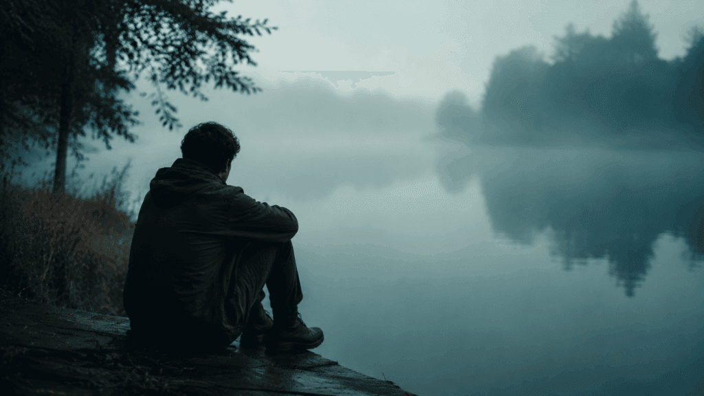 A man sitting alone near water looking into the distance, representing a Pisces man hot and cold retreating into his inner world