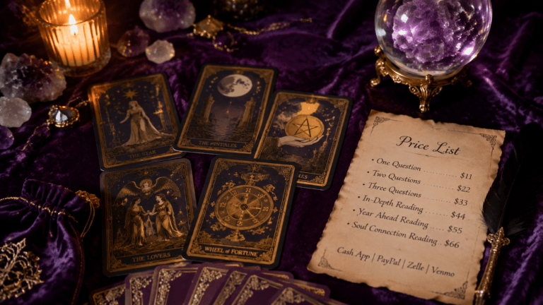Psychic reading cost guide 2026 — tarot cards and pricing chart on a purple background