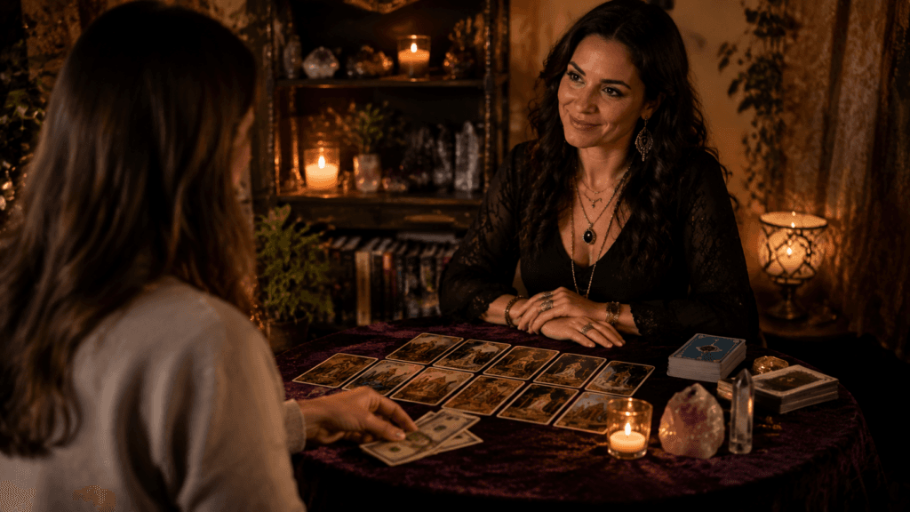 Tipping etiquette for psychic readings — in-person tarot reader session with client at a cozy table
