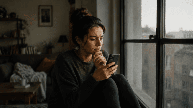 A woman looking at her phone with a conflicted expression, wondering why her Sagittarius man is running hot and cold