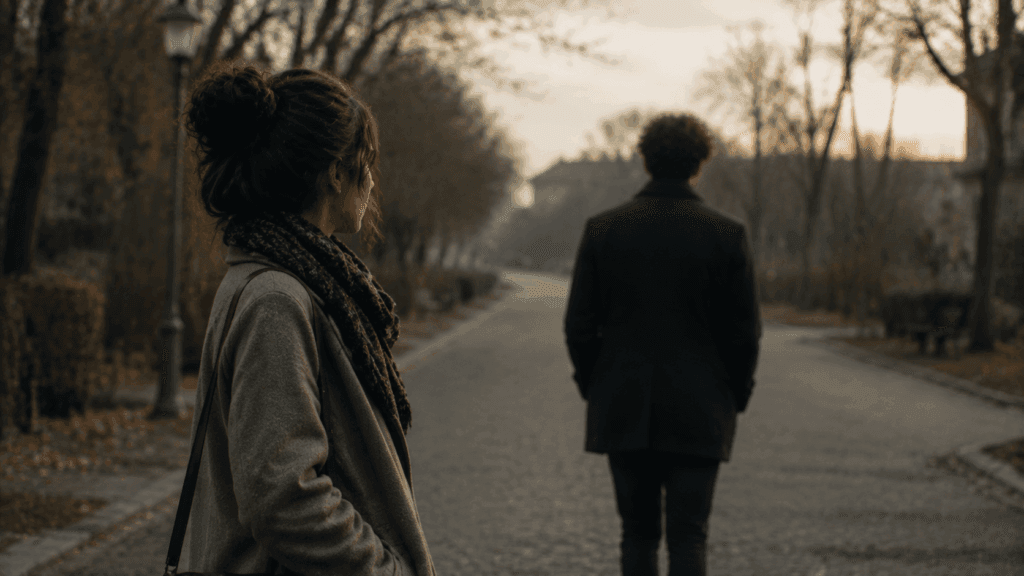 Sagittarius man hot and cold walking away down a street while a woman watches from behind, representing emotional distance in a relationship
