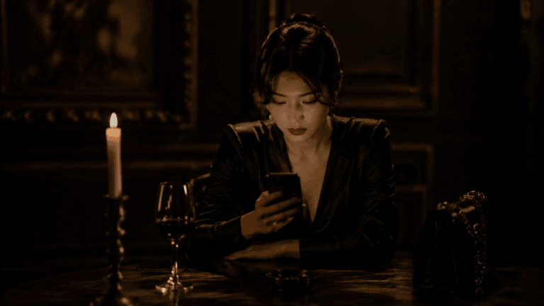 A woman sitting alone in dim lighting looking at her phone with an intense, searching expression, representing the emotional intensity of a Scorpio man's hot and cold behavior