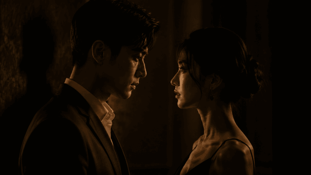 A couple facing each other in close proximity with an intense, unresolved energy between them, representing the push-pull dynamic of a Scorpio relationship