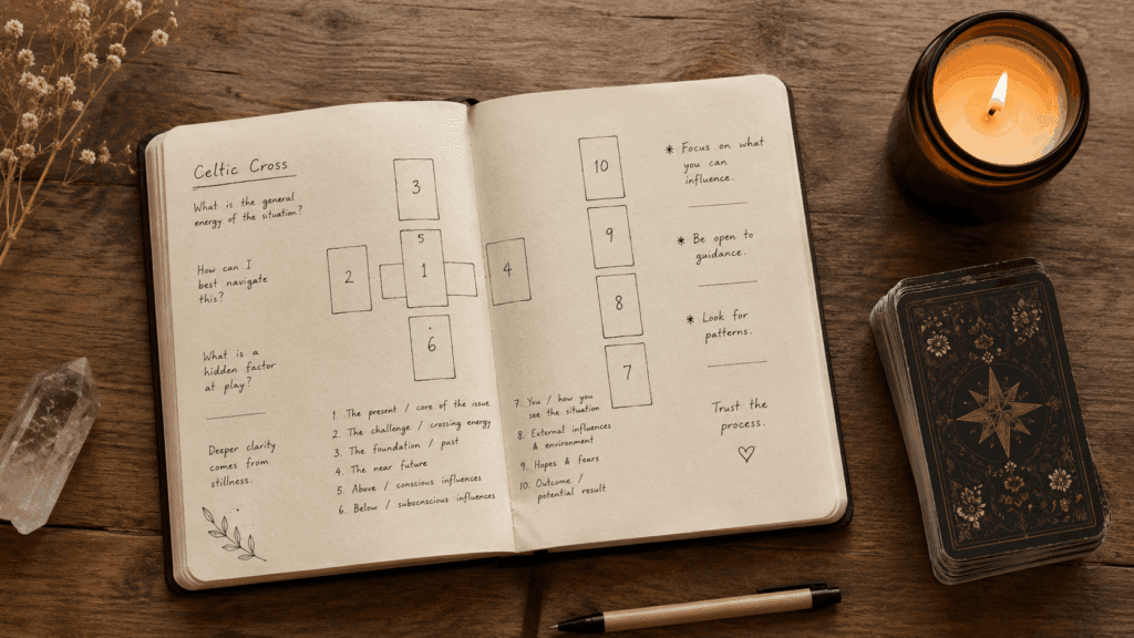 An open journal with celtic cross reading notes beside a tarot deck and candle