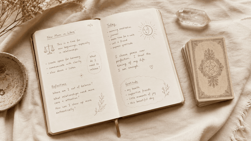 An open notebook beside a tarot deck used for journaling readings