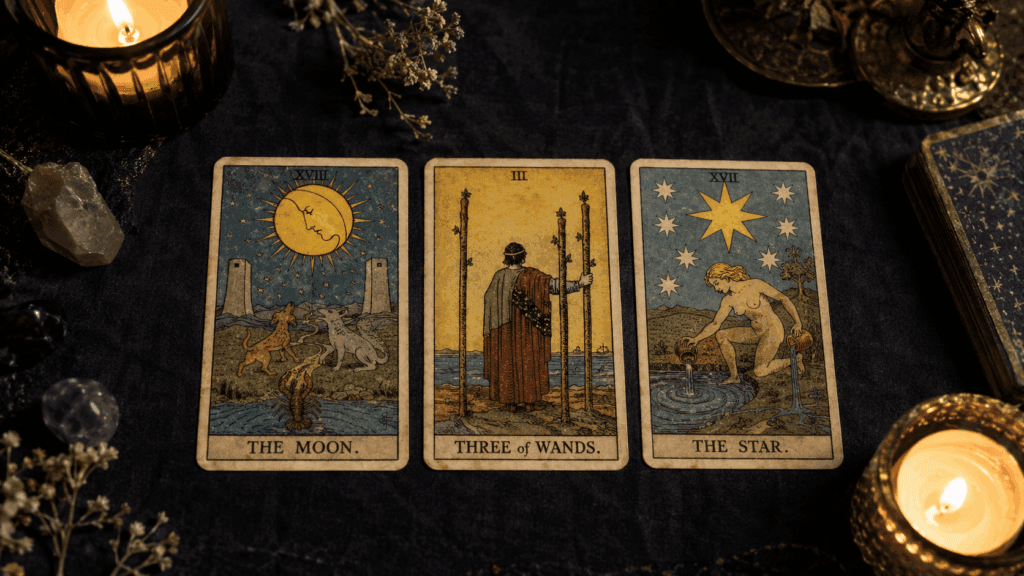 The Moon, Three of Wands, and The Star tarot cards laid out in a reading,
3-card tarot spread past present future