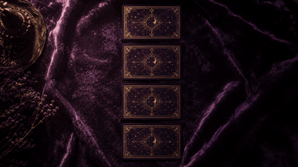 Four tarot cards arranged in a vertical column representing the staff in a celtic cross reading