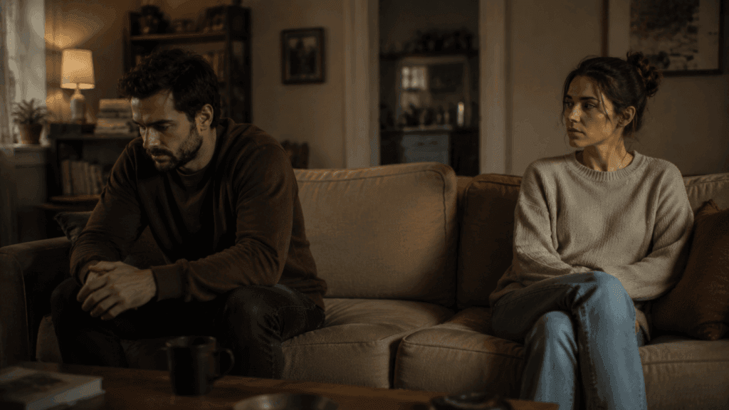 A couple with emotional distance between them, representing a Taurus man silent treatment  in a relationship