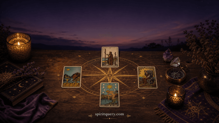 A moody, candlelit blog cover for The Compass Spread tarot article, showing four Rider-Waite-style tarot cards arranged in a compass formation with a glowing golden compass rose motif.