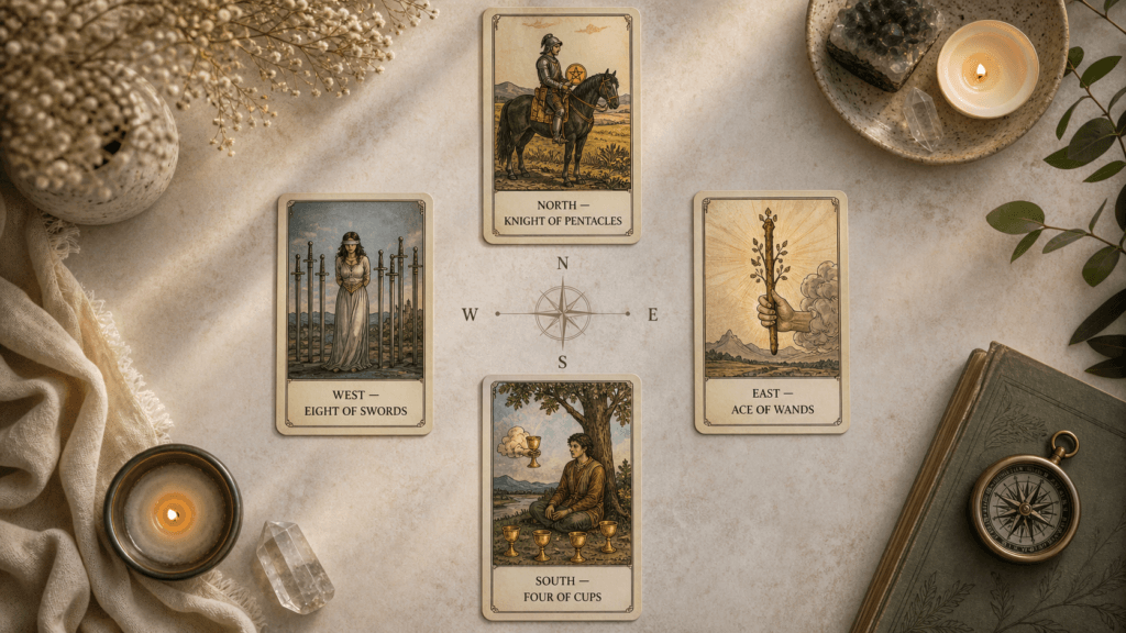 A compass tarot spread sample reading showing four labeled cards: South — Four of Cups, West — Eight of Swords, East — Ace of Wands, and North — Knight of Pentacles.
