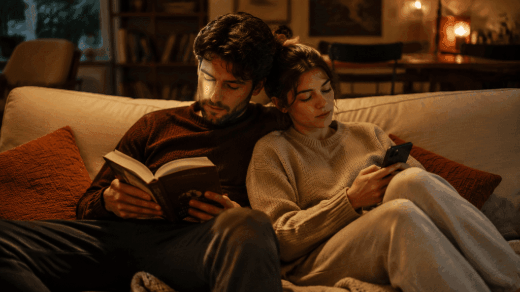 A couple sitting comfortably together at home in relaxed silence, representing the ease and stability a Taurus man needs to feel secure in a relationship