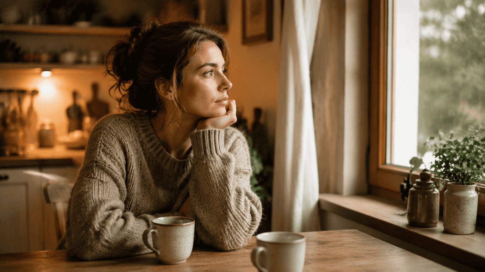 A woman sitting at a kitchen table with two untouched coffee cups, waiting for someone who hasn't arrived, representing the stillness of a Taurus man's emotional withdrawal