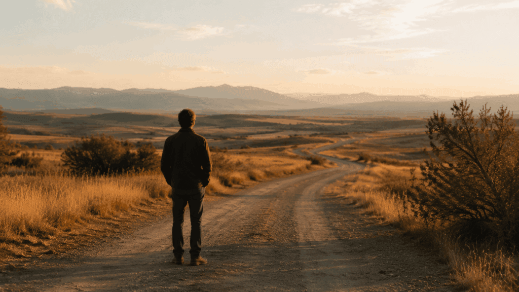 A man standing still at a crossroads in a quiet landscape, representing a Taurus man hot and cold pausing before moving forward