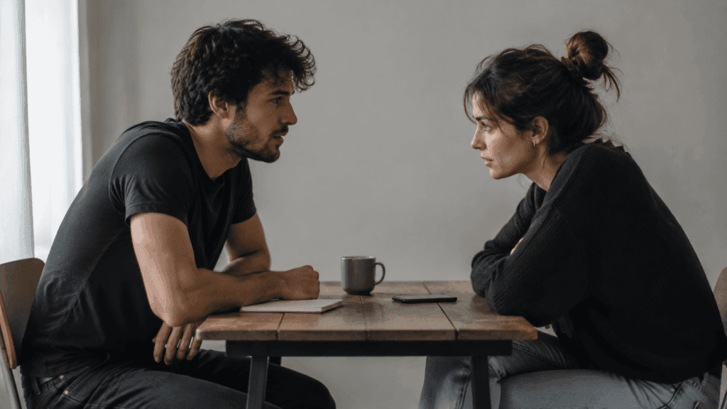 A couple sitting across from each other at a simple table in honest conversation, representing the clarity a Virgo man needs to move forward