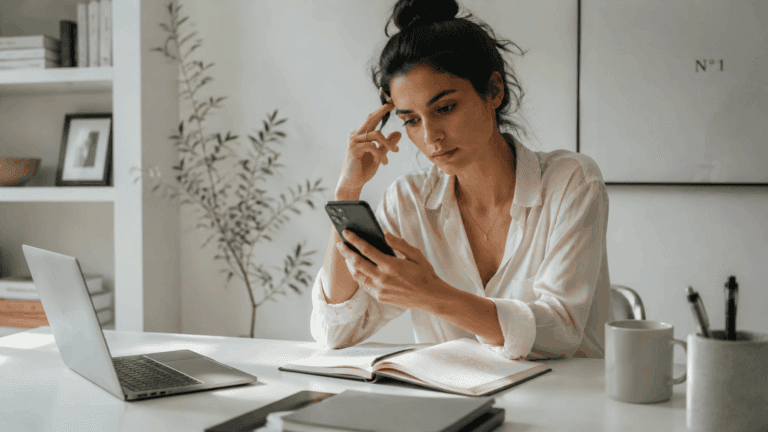 A woman sitting at a desk looking at her phone with a thoughtful, analytical expression, representing the confusion of a Virgo man's overthinking and withdrawal