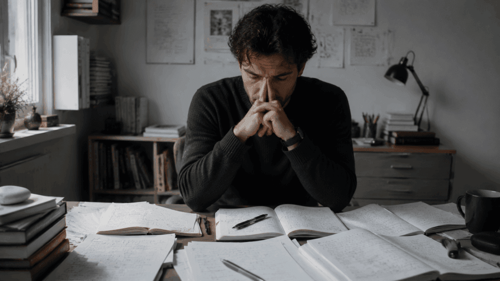 A man sitting alone at a desk covered in notes, deep in thought, representing a Virgo man hot and cold lost in his own analysis