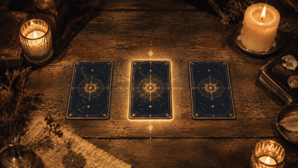 A simple tarot spread with one highlighted card, illustrating a yes or no tarot reading method.